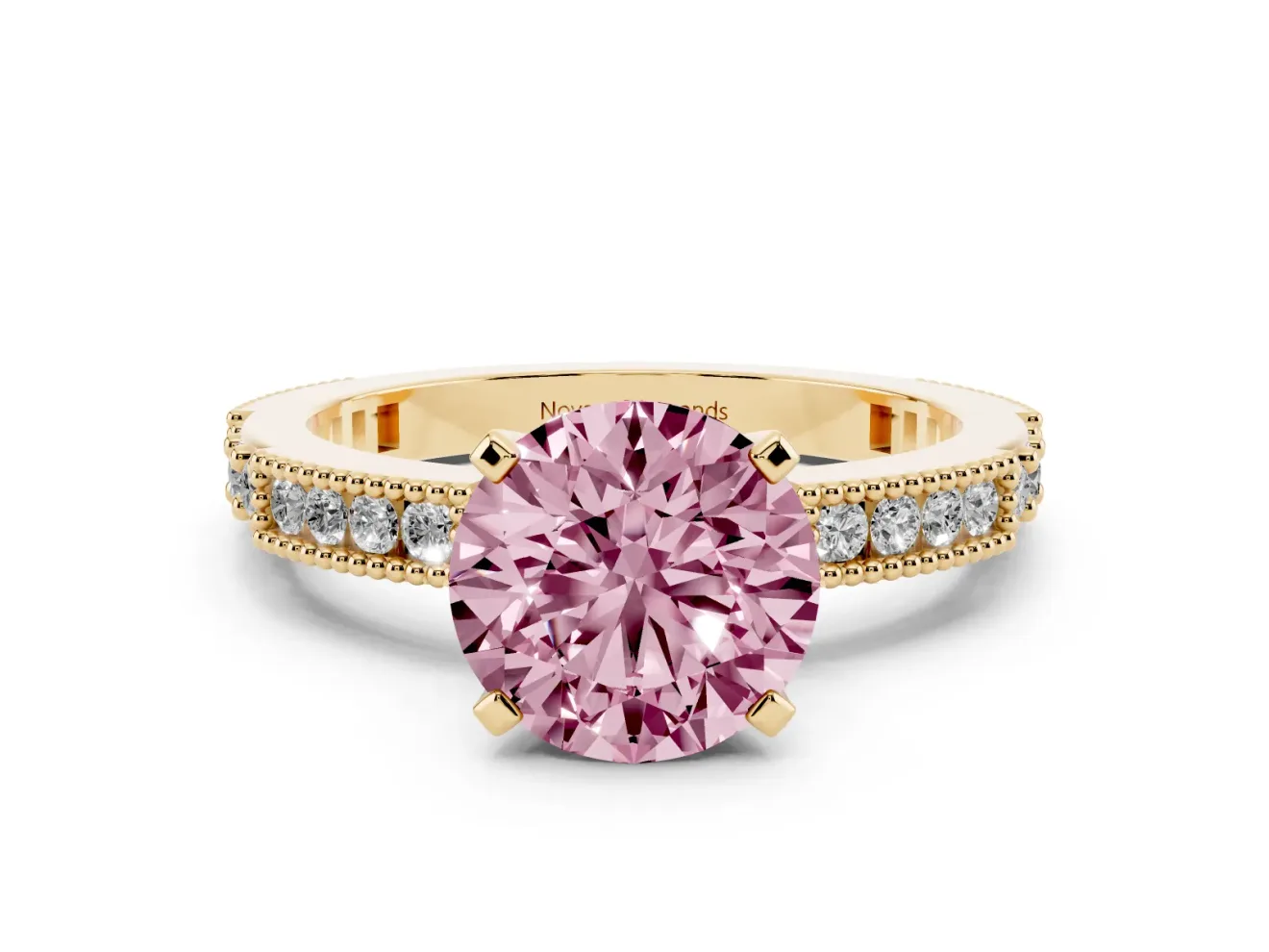 Round Vintage Pavé Engagement Ring Setting for a Fancy Pink Lab-Grown Diamond | Yellow Gold