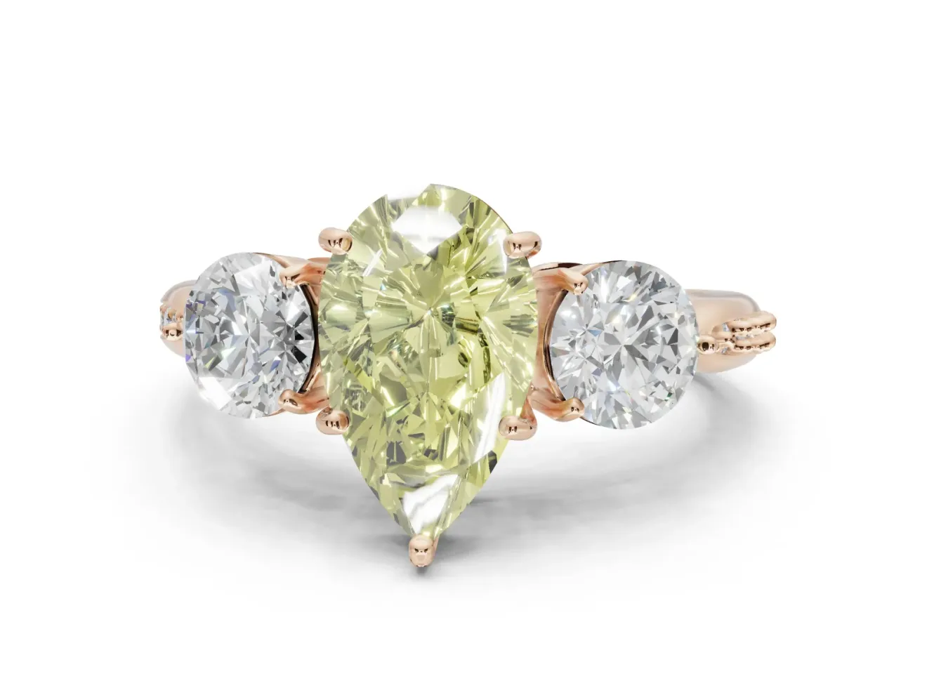 Pear-Shaped Three Stone Engagement Ring Setting for a Fancy Yellow Lab-Grown Diamond | Tapered Pave Band | Rose Gold