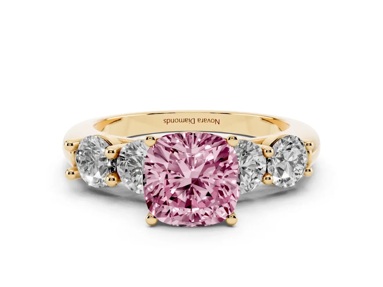Cushion Cut Five Stone Engagement Ring Setting for a Fancy Pink Lab-Grown Diamond | Prong Set Side Stones | Yellow Gold