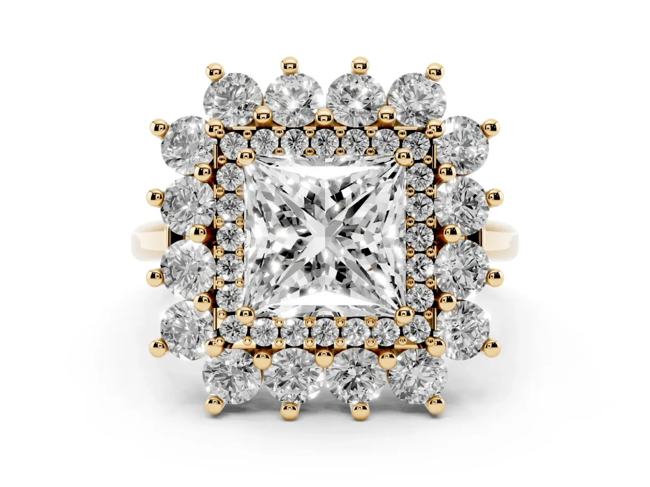 Princess Cut Floral Double Halo Engagement Ring Setting | Plain Band | Yellow Gold