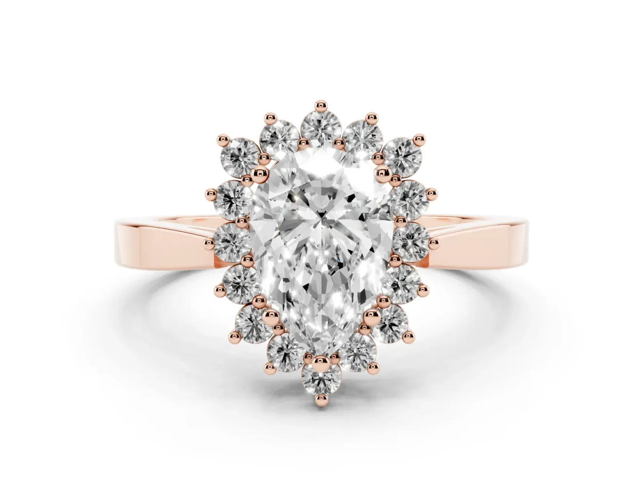 Pear Cut Diamond Halo Ring Set in Rose gold with Round Halo and Smooth Solitaire Band