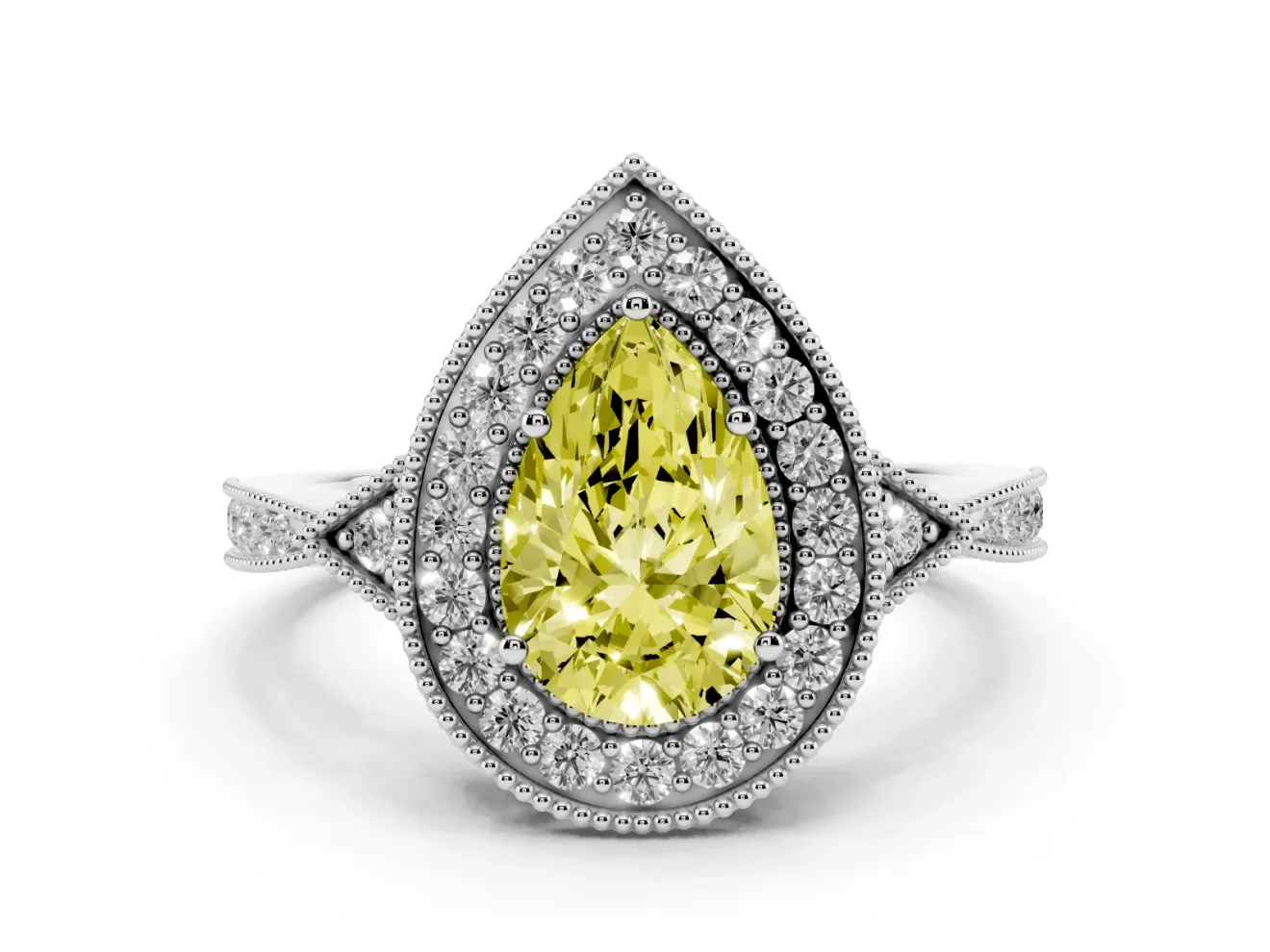 Pear-Shaped Milgrain Halo Engagement Ring Setting for a Fancy Yellow Lab-Grown Diamond | Graduated Pavé | White Gold
