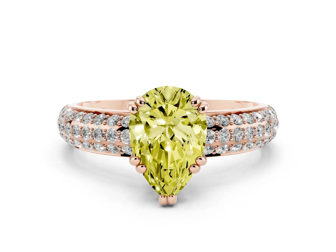 Pear-Shaped Three Row Pave Engagement Ring Setting for a Fancy Yellow Lab-Grown Diamond | Rose Gold