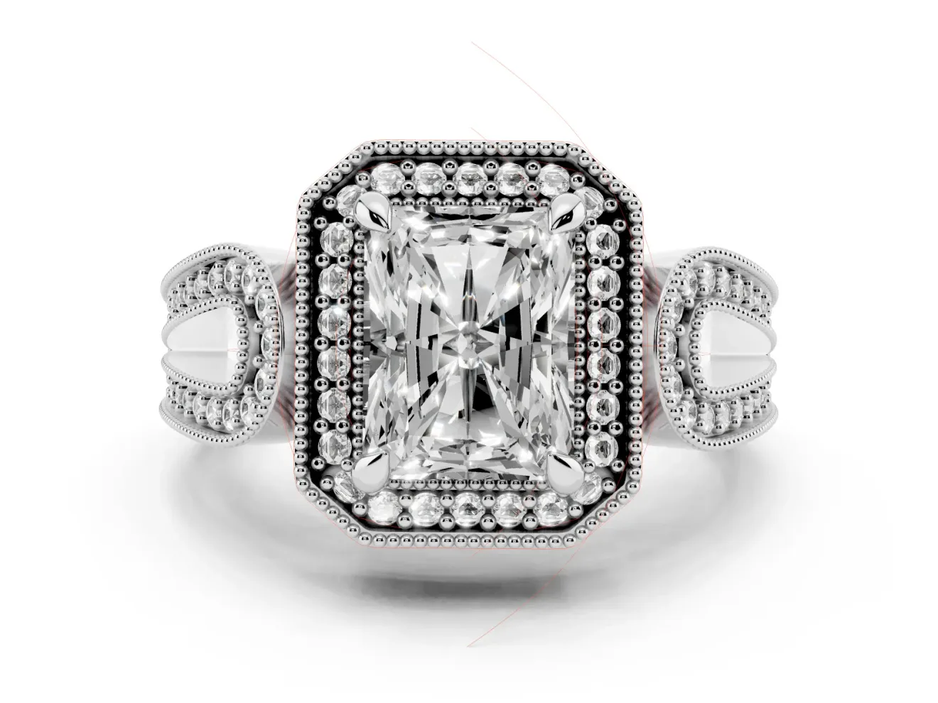 Radiant Cut Milgrain Halo Engagement Ring Setting | Open Loop Shoulders | Sterling Silver