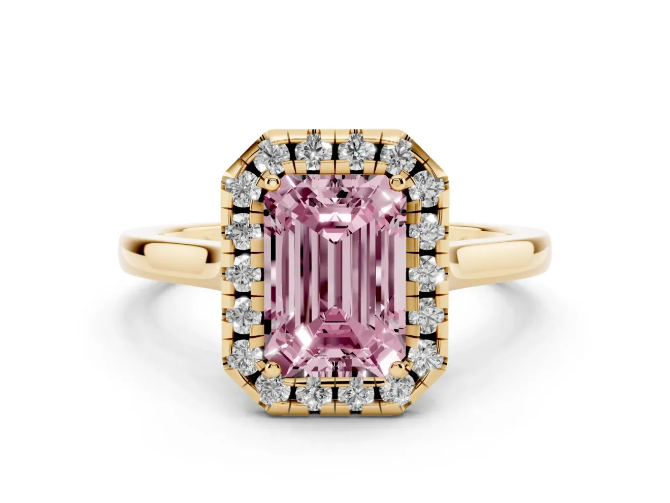 Emerald Cut Halo Engagement Ring Setting for a Fancy Pink Lab-Grown Diamond | Flat Tapered Band | Yellow Gold