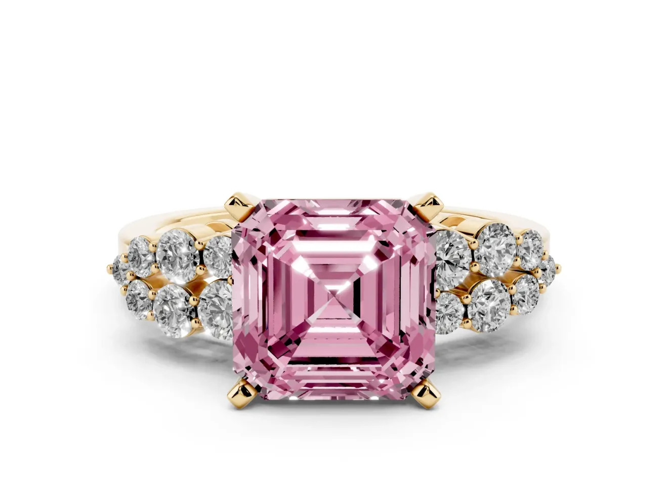 Asscher Cut Side Stone Engagement Ring Setting for a Fancy Pink Lab-Grown Diamond | Shoulder Clusters | Yellow Gold