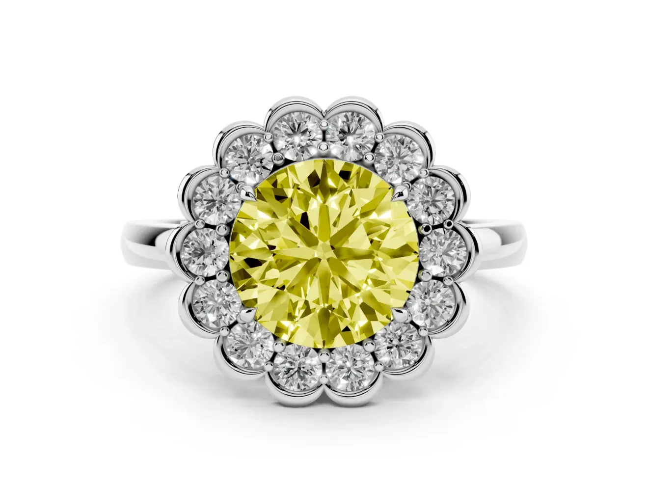 Round Scalloped Cluster Halo Engagement Ring Setting for a Fancy Yellow Lab-Grown Diamond | Plain Band | Platinum