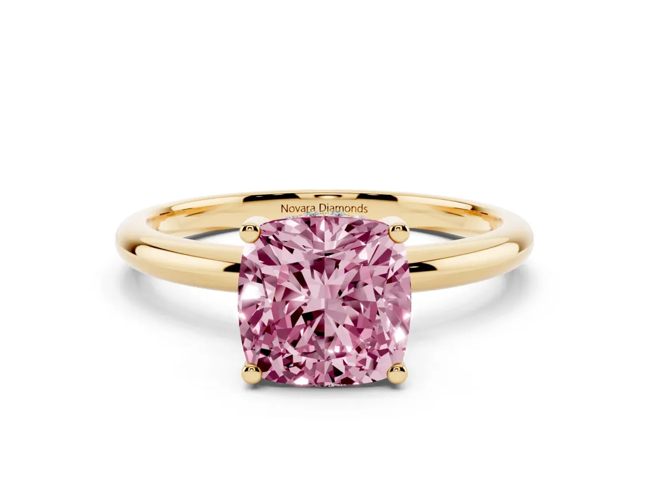 Cushion Cut Hidden Halo Engagement Ring Setting for a Fancy Pink Lab-Grown Diamond | Plain Band | Yellow Gold