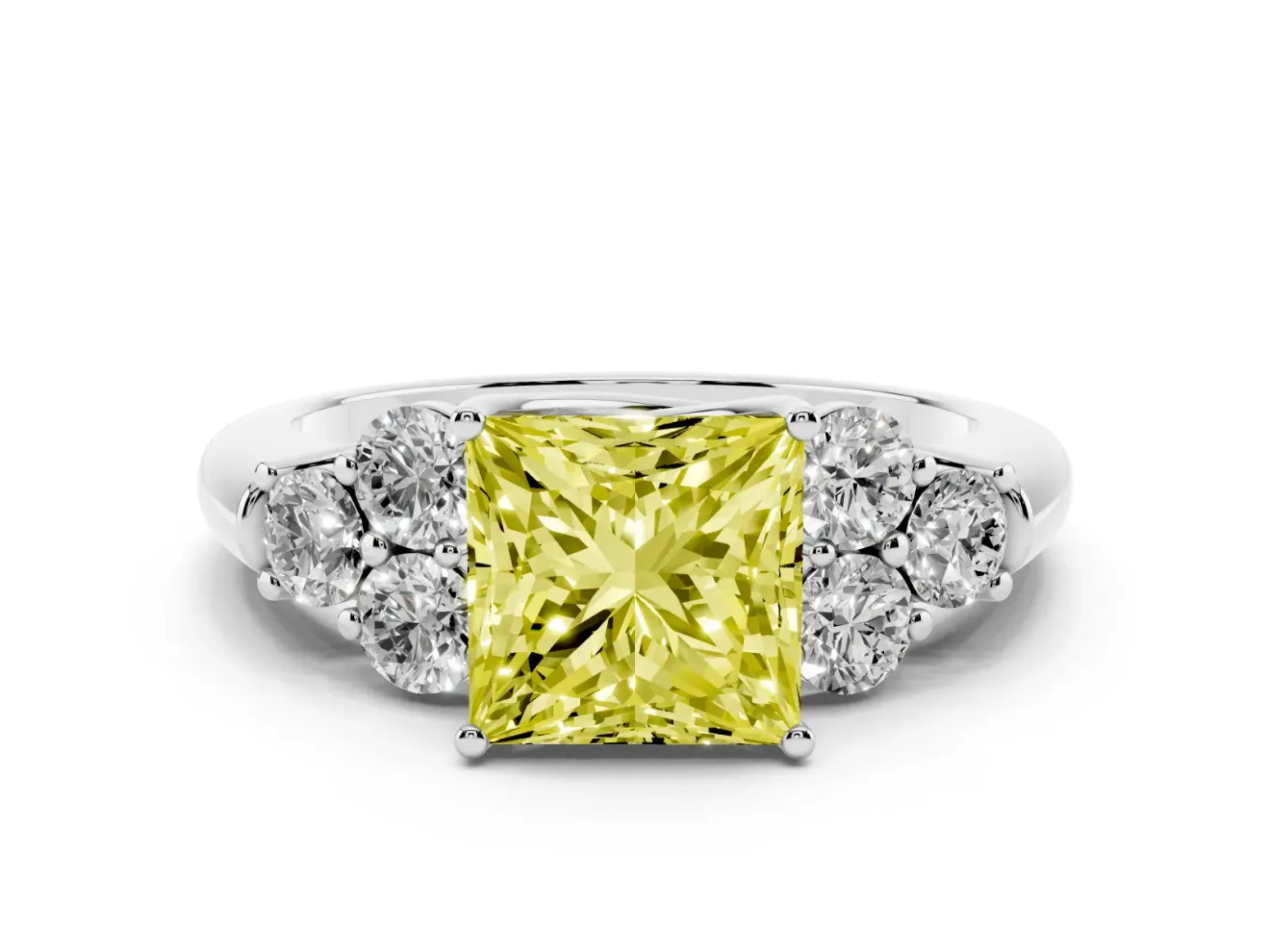 Fancy Yellow Princess Cut Diamond Cluster Ring Set in White gold with Round Accent Stones and Prong Setting on a Plain Band