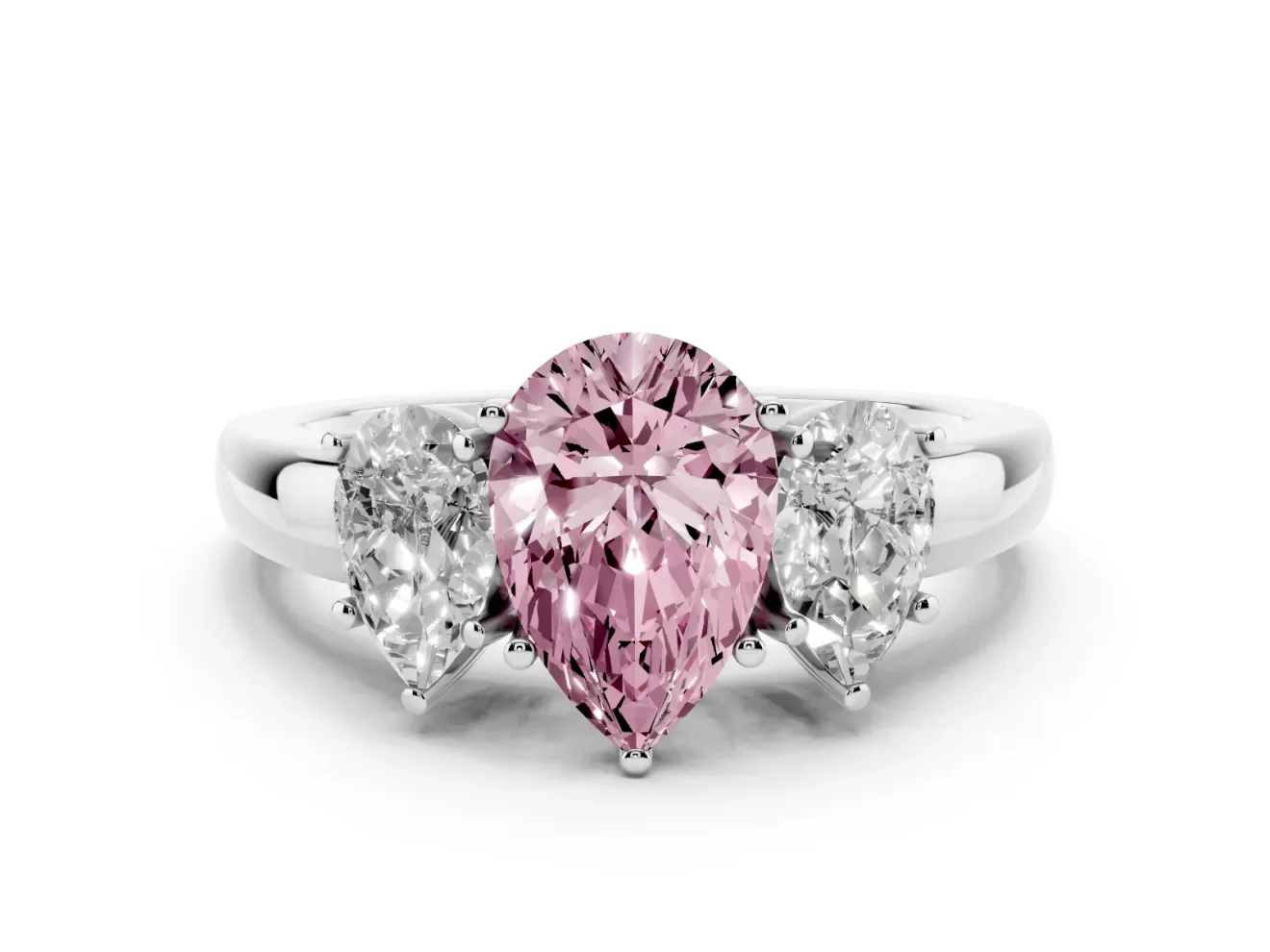 Pear-Shaped Three Stone Engagement Ring Setting for a Fancy Pink Lab-Grown Diamond | Matching Side Stones | Platinum