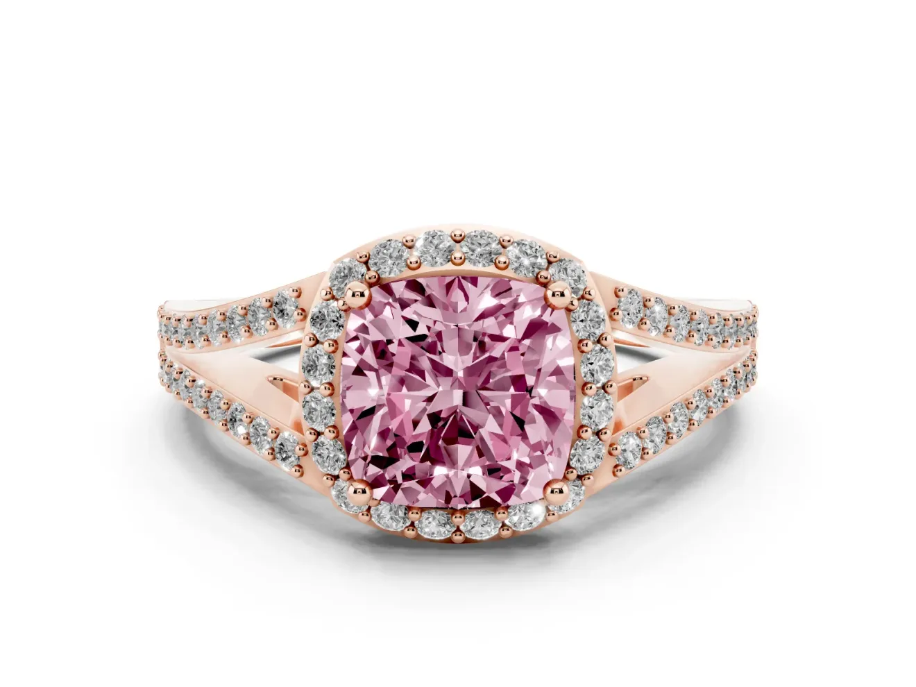 Cushion Cut Split Shank Halo Engagement Ring Setting for a Fancy Pink Lab-Grown Diamond | Rose Gold