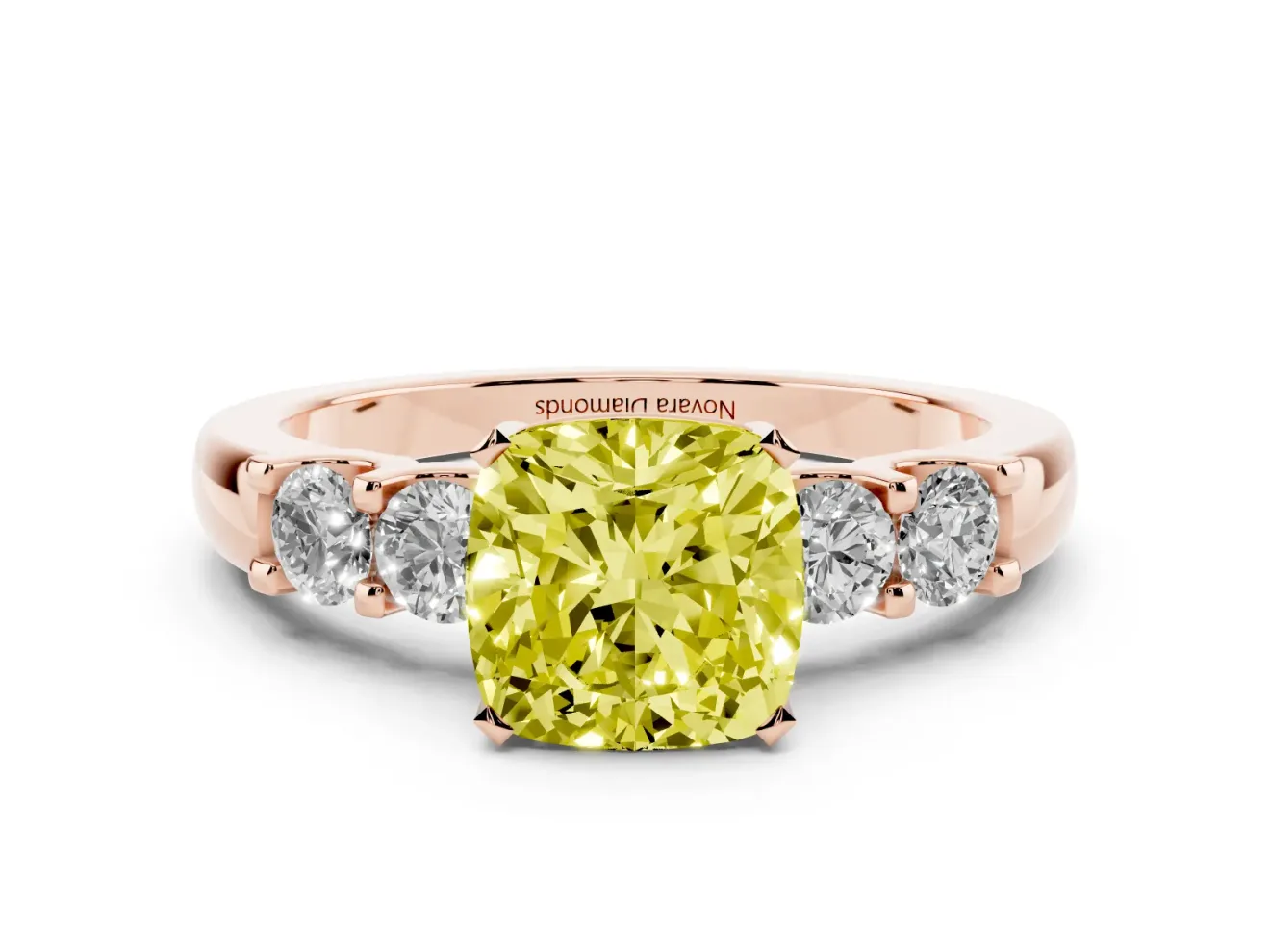 Fancy Yellow Cushion Cut Diamond Five-Stone Prong Set Engagement Ring Set in Rose gold with Channel Band