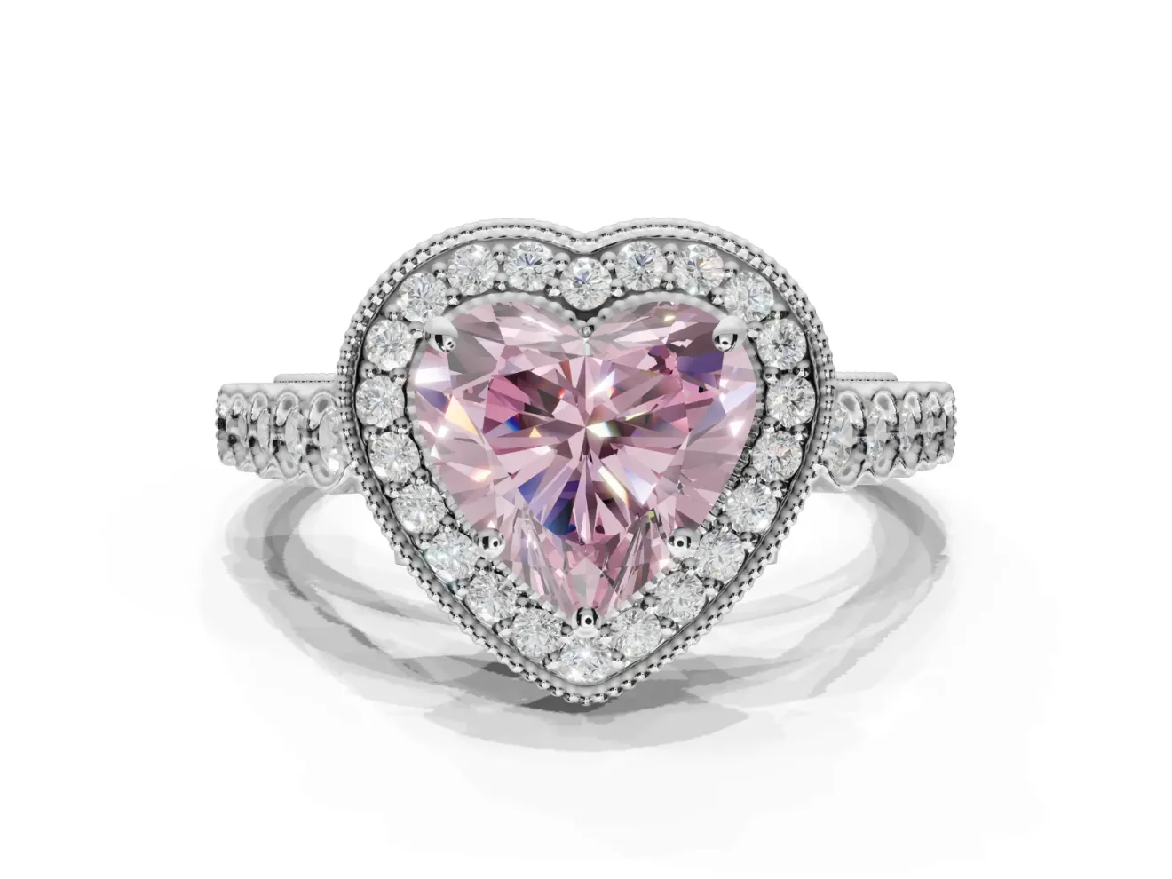 Heart-Shaped Graduated Milgrain Halo Engagement Ring Setting for a Fancy Pink Lab-Grown Diamond | White Gold