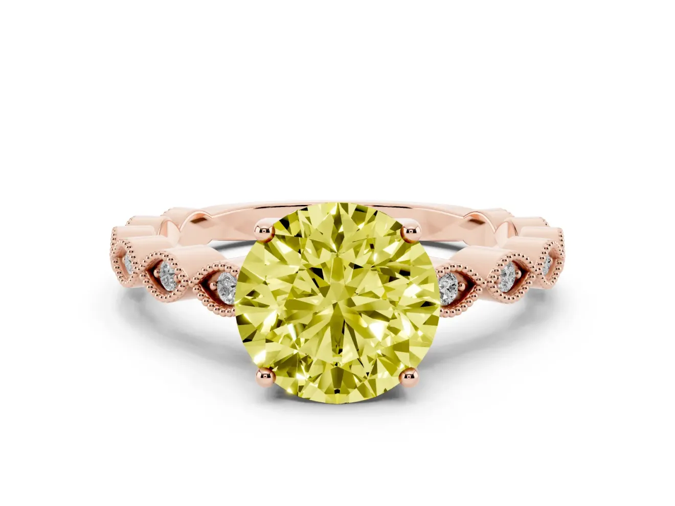 Fancy Yellow Round Cut Diamond Solitaire Ring Set in Rose gold with Infinity Twist Pavé Band