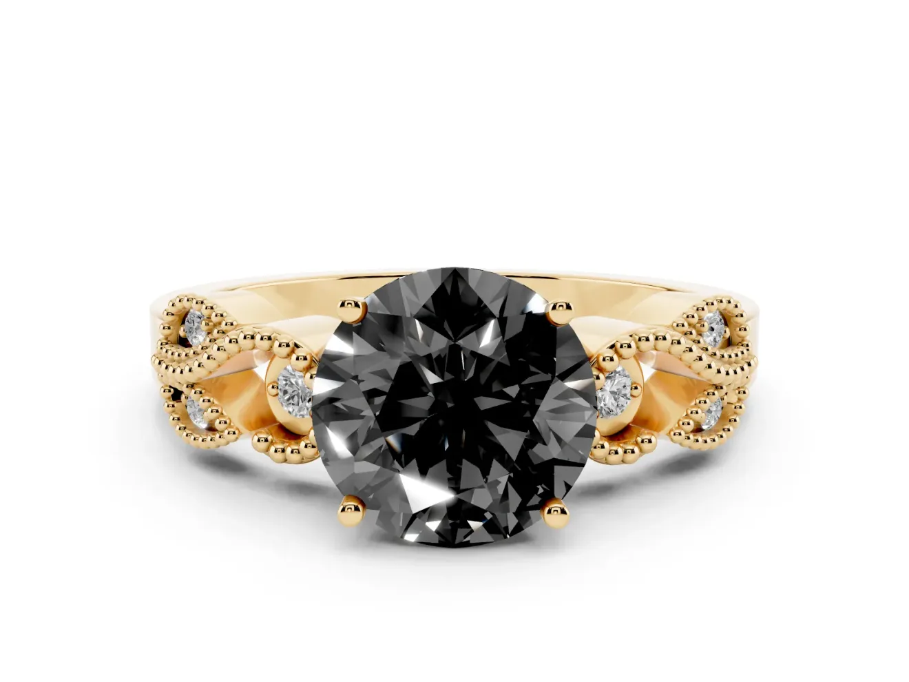 Round Vintage Leaf Solitaire Engagement Ring Setting for a Black Center | Yellow Gold