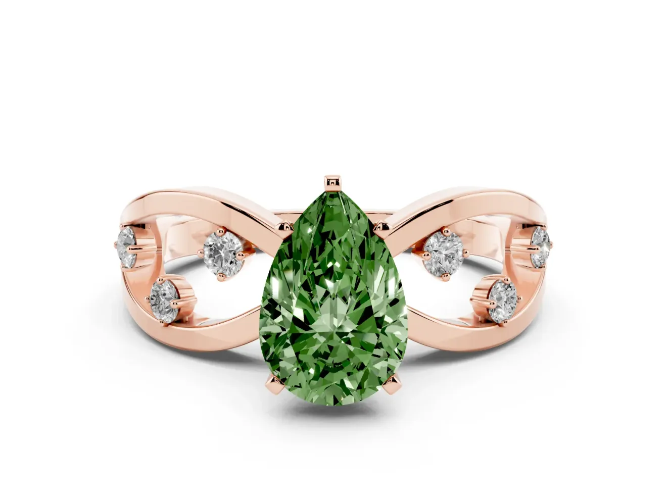 Fancy Green Pear Cut Diamond Solitaire Ring Set in Rose gold with Side Stones on Criss-Cross Band and Prong Setting