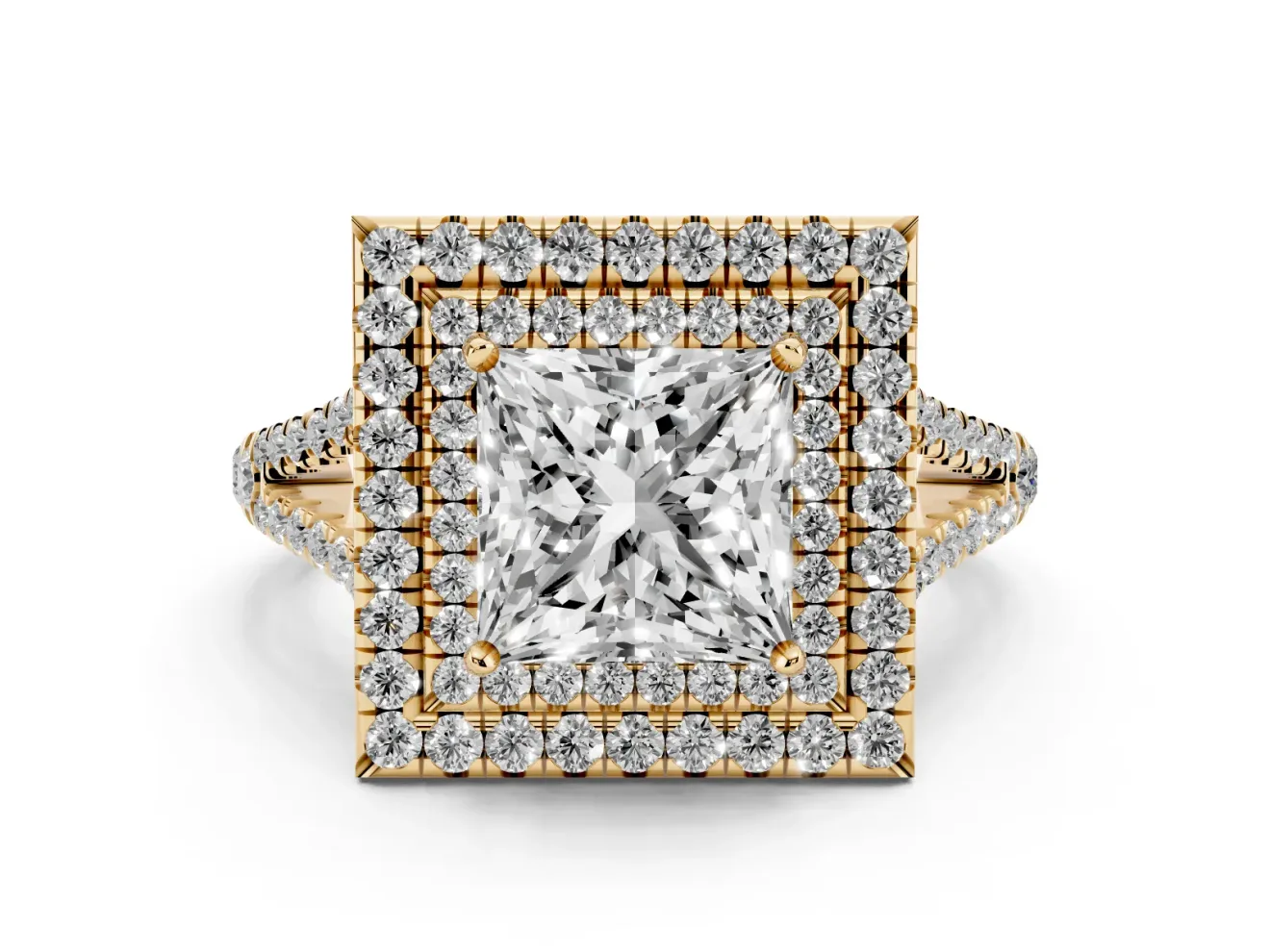 Princess Cut Double Halo Split Shank Engagement Ring Setting | Pavé Shoulders | Yellow Gold