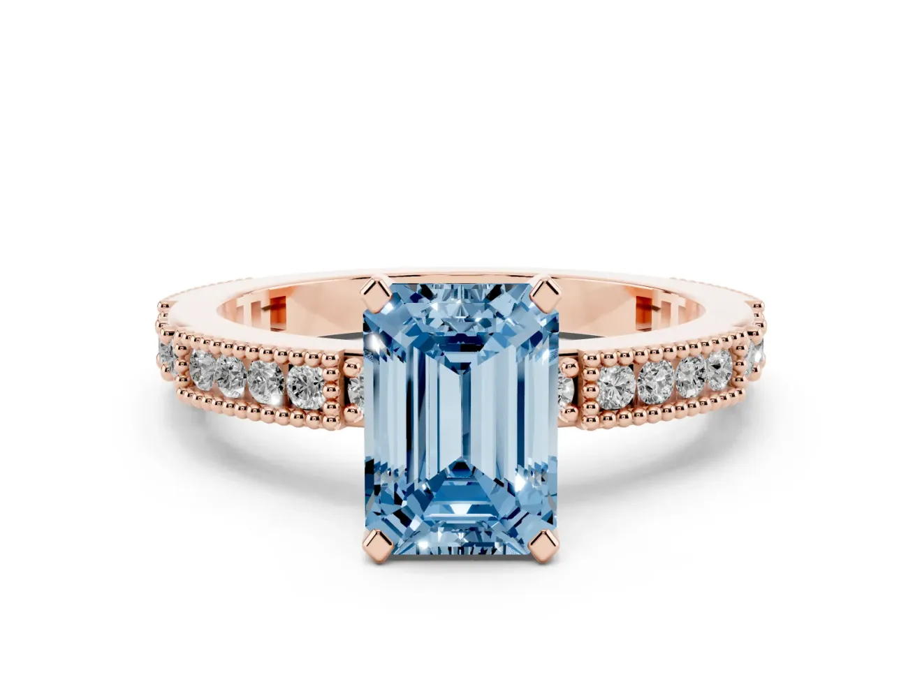 Fancy Blue Emerald Cut Diamond Solitaire Ring Set in Rose gold with Slim Pavé Band and Prong Setting