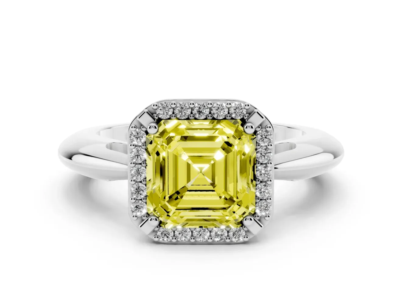 Fancy Yellow Asscher Cut Diamond Halo Engagement Ring Set in White gold with Plain Split Shank and Prong Setting