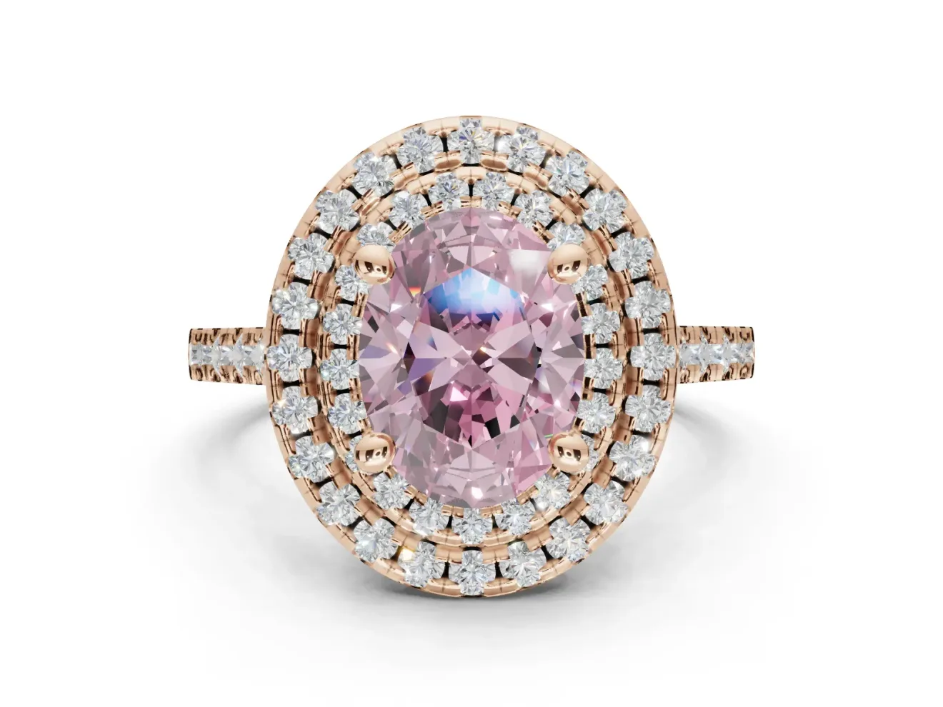 Fancy Pink Oval Lab-Grown Diamond Double Halo Statement Ring Set in Rose Gold with Pavé Band
