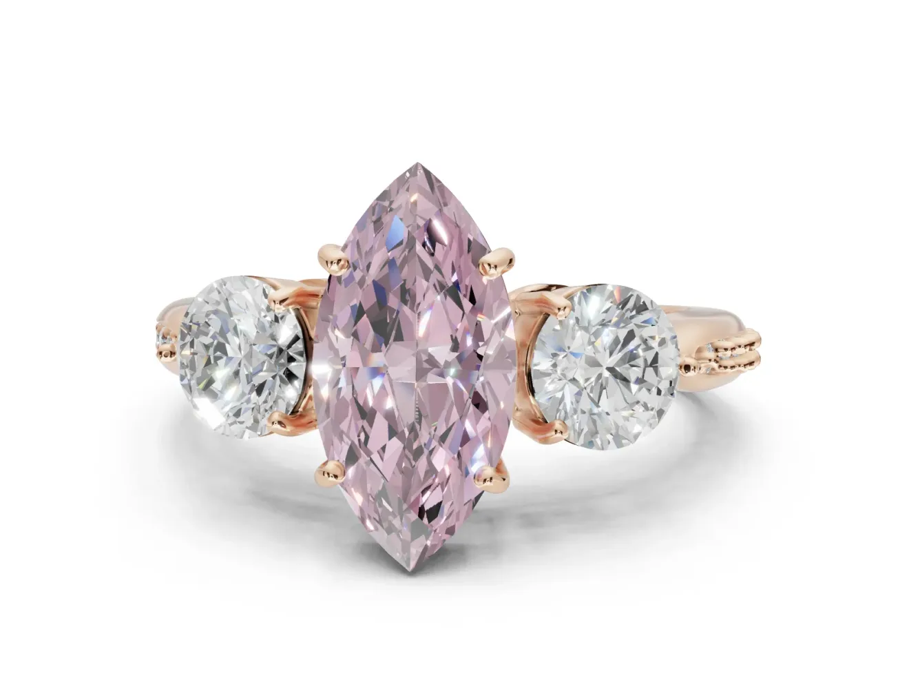 Marquise Three Stone Engagement Ring Setting for a Fancy Pink Lab-Grown Diamond | Tapered Pave Band | Rose Gold