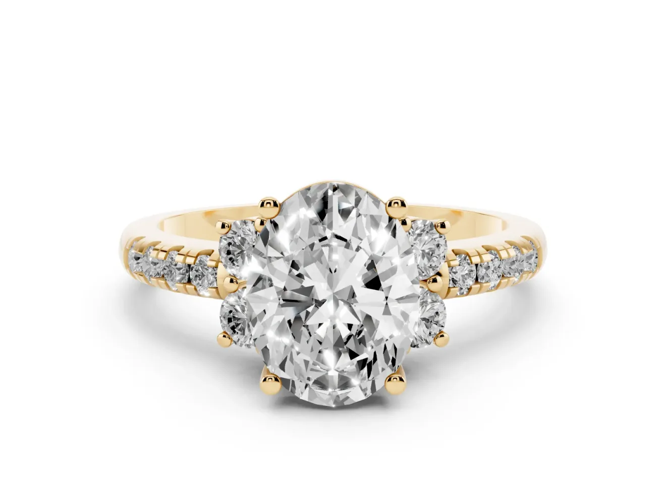Oval Side Stone Pave Engagement Ring Setting | Paired Round Accents | Yellow Gold
