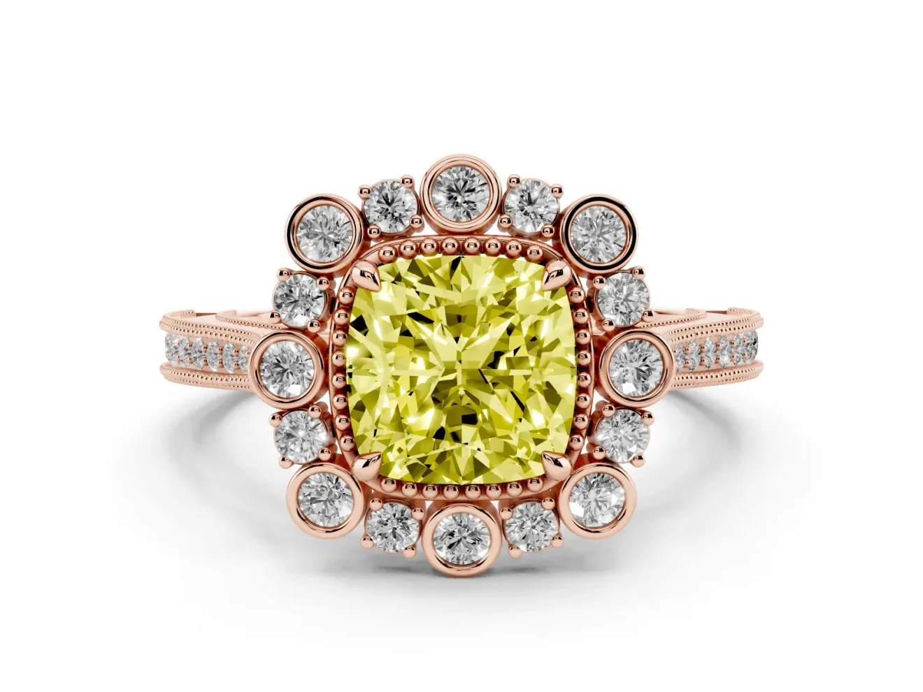 Fancy Yellow Cushion Cut Diamond Halo Milgrain Pavé Ring Set in Rose gold with Prong Setting