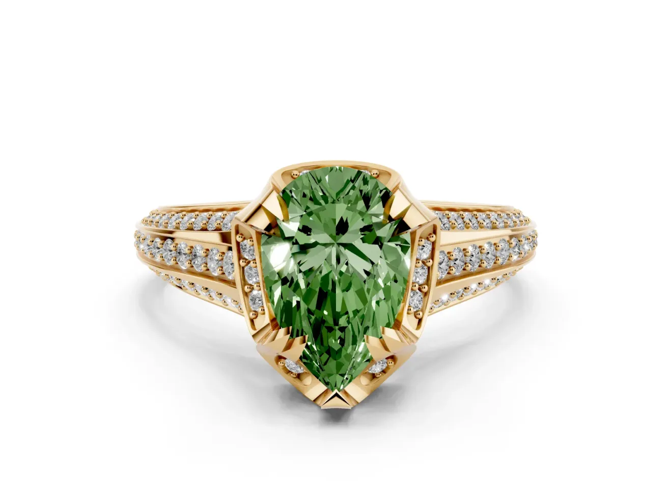 Fancy Green Pear Cut Diamond Pavé Split Shank Solitaire Ring Set in Yellow gold with Prong Setting