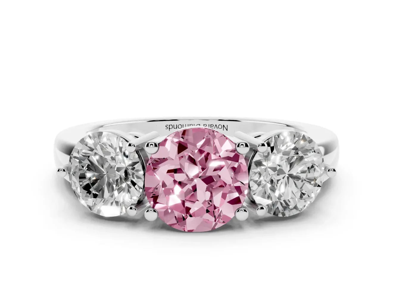 Round Three Stone Engagement Ring Setting for a Fancy Pink Lab-Grown Diamond | Large Round Side Stones | Platinum