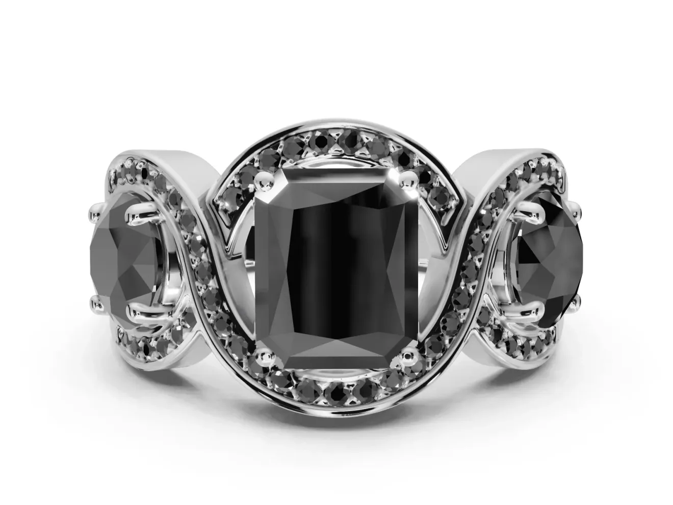 Radiant Cut Three Stone Engagement Ring Setting for a Black Center | Pavé Wave Band | White Gold
