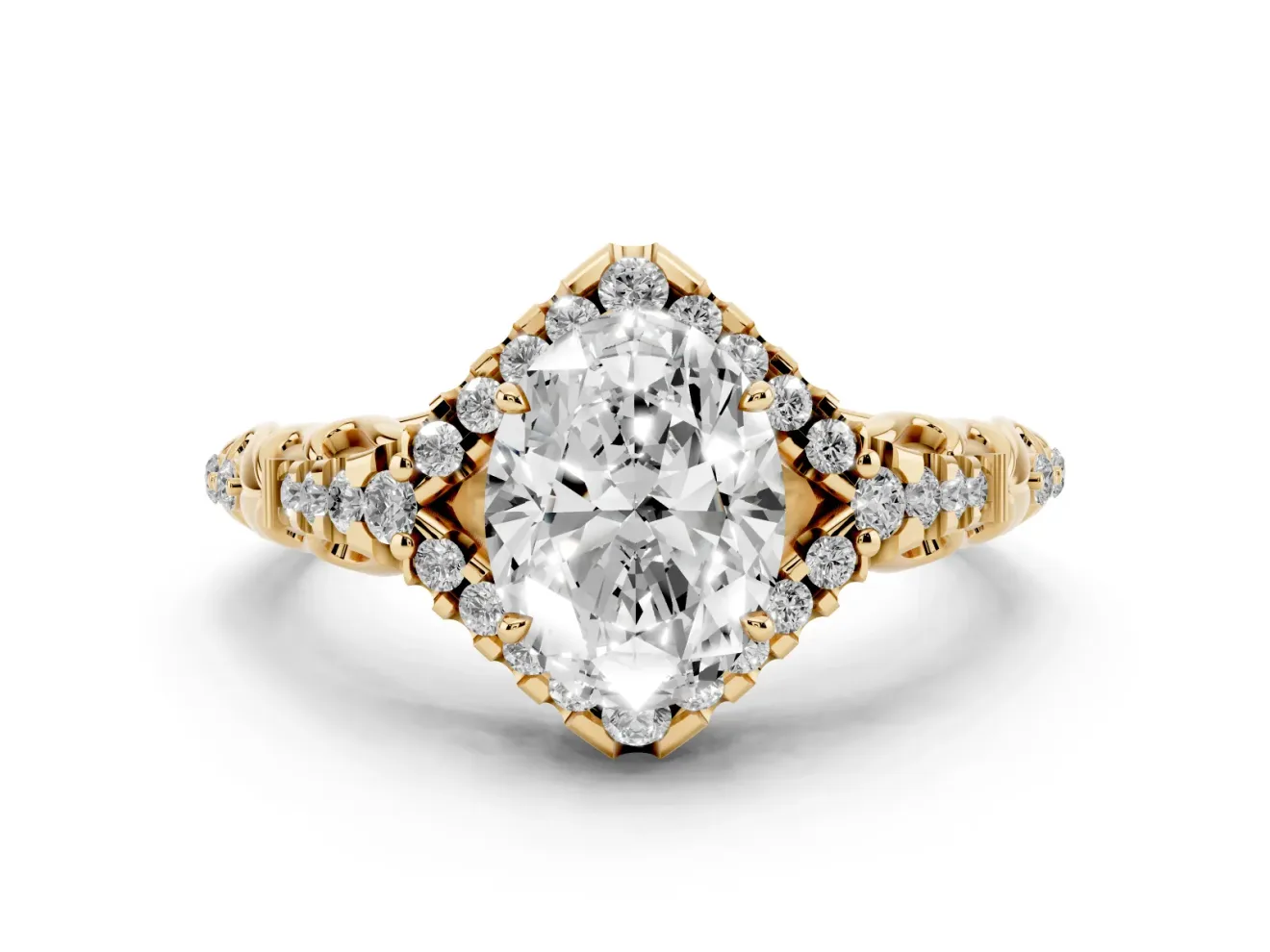 Oval Hidden Halo Filigree Engagement Ring Setting | Pavé Shoulders | Yellow Gold