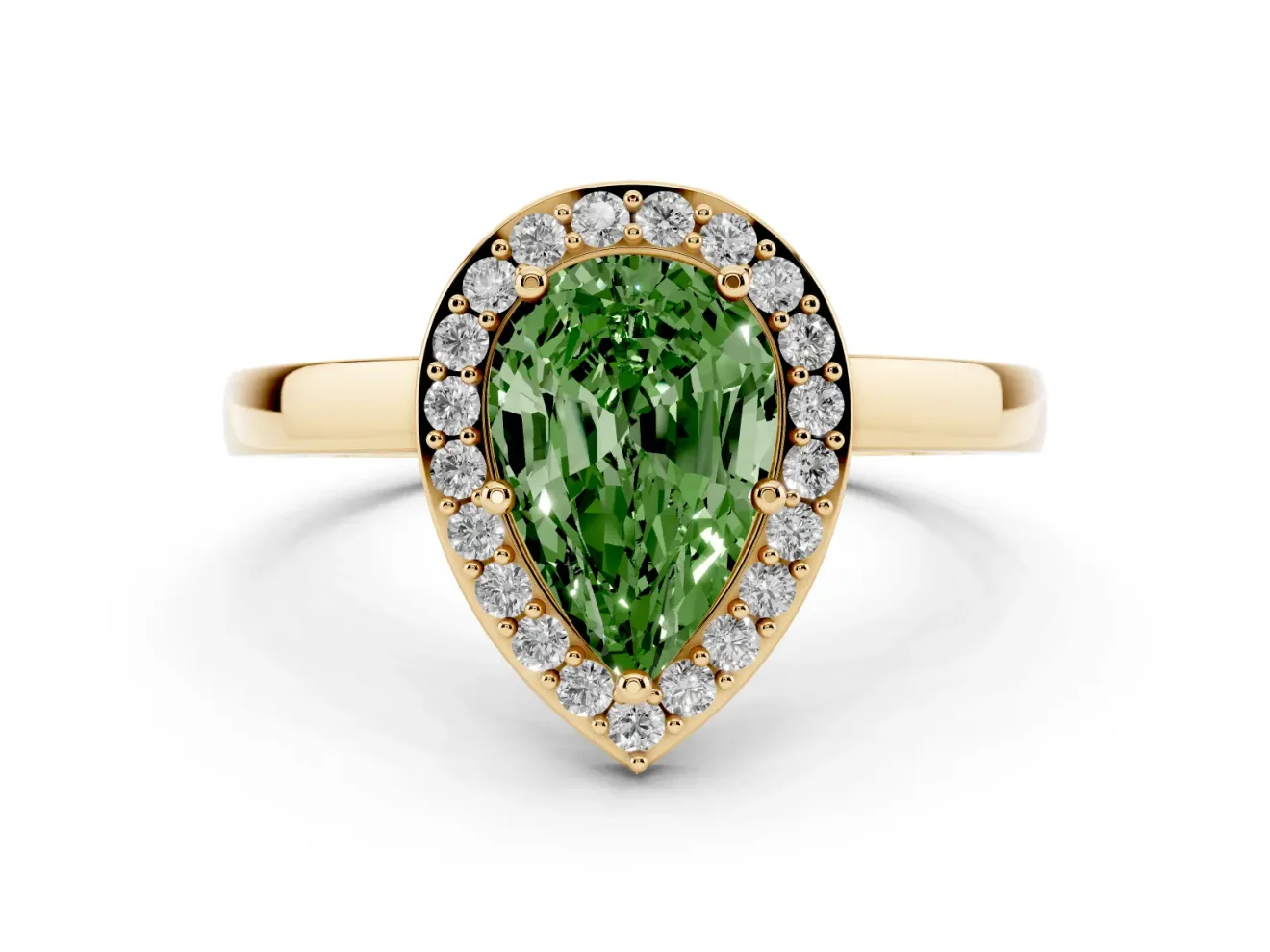 Fancy Green Pear Cut Diamond Halo Ring Set in Yellow gold with Solitaire Band and Prong Setting