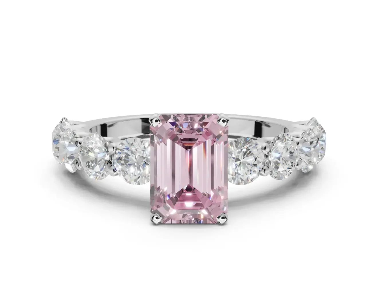 Emerald Cut Side Stone Engagement Ring Setting for a Fancy Pink Lab-Grown Diamond | Scalloped Prong Accents | White Gold