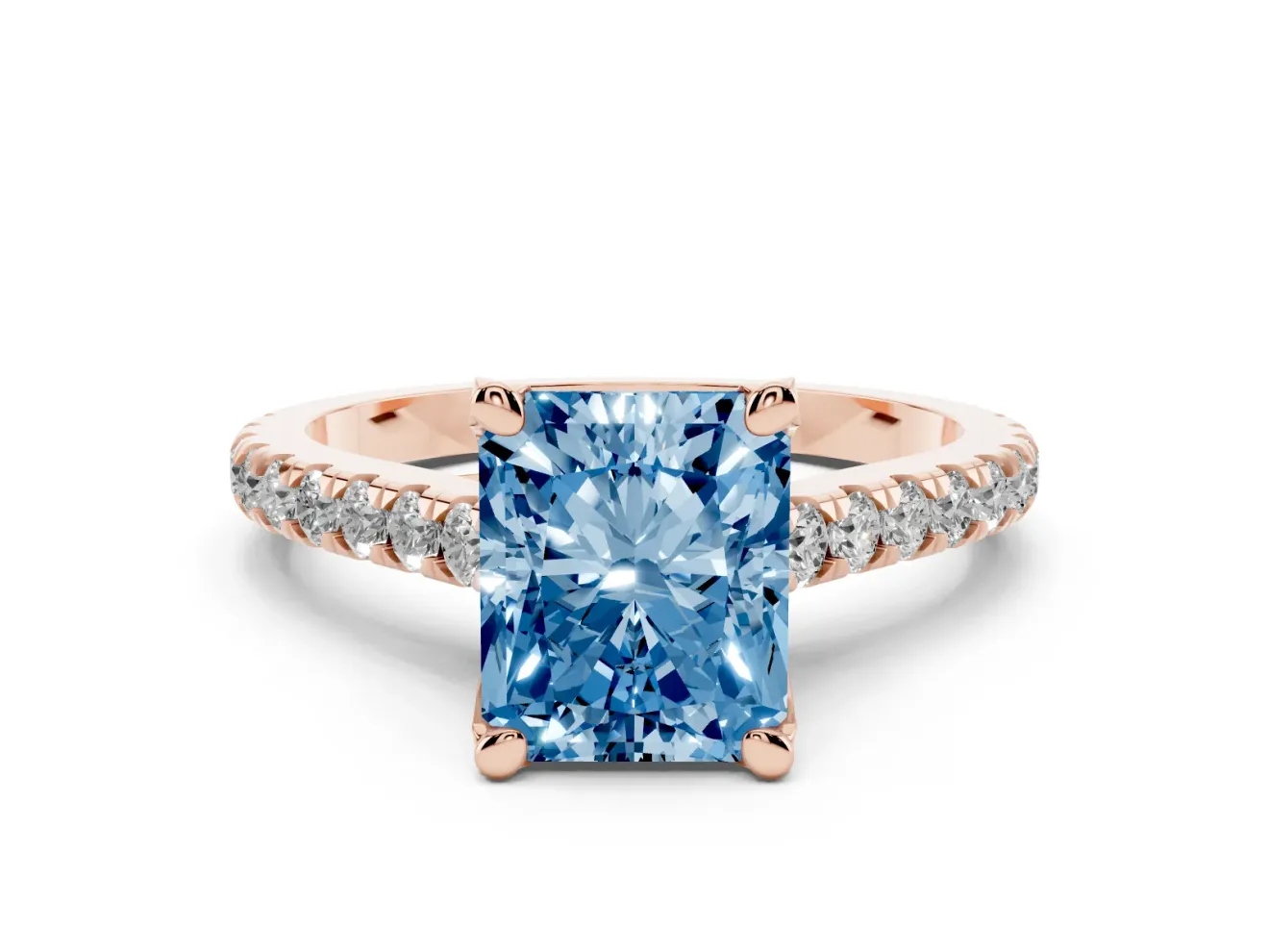 Radiant Cut Hidden Halo Pave Engagement Ring Setting for a Fancy Blue Lab-Grown Diamond | Claw Prongs | Rose Gold