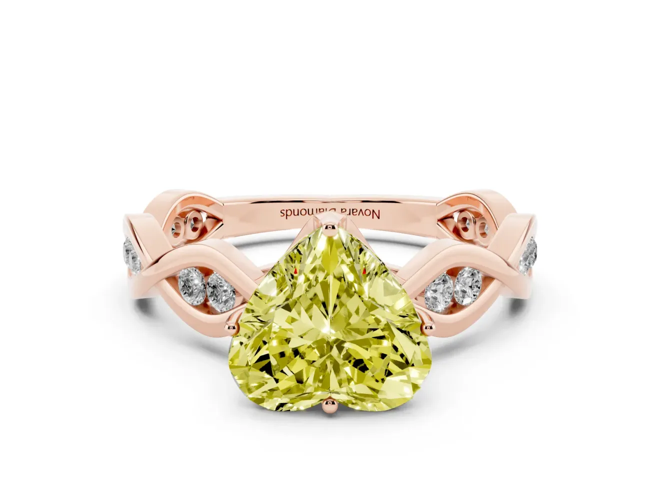 Fancy Yellow Heart Cut Diamond Twist Band Solitaire Ring Set in Rose gold with Leaf Prong Setting and Accent Stones