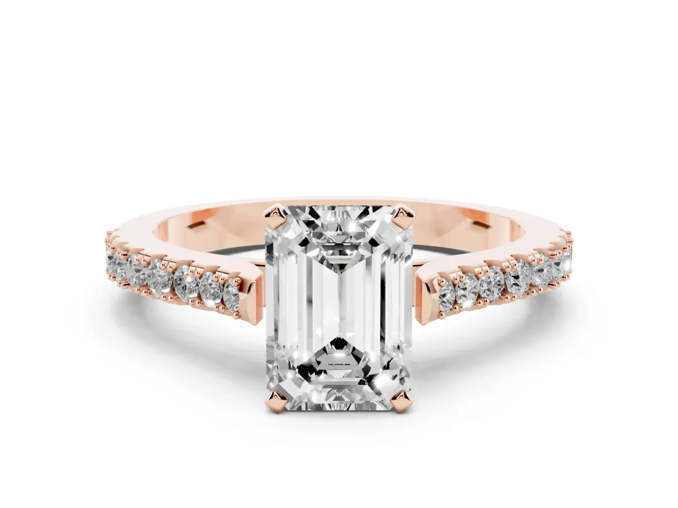 Emerald Cut Diamond Solitaire Engagement Ring Set in Rose gold with Delicate Pavé Band and Prong Setting