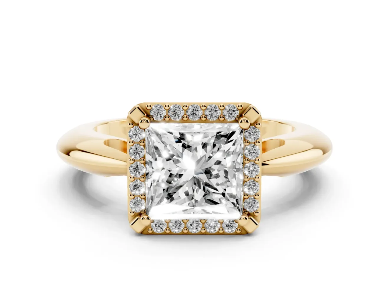 Princess Cut Diamond Halo Engagement Ring Set in Yellow gold with Plain Split Shank and Prong Setting