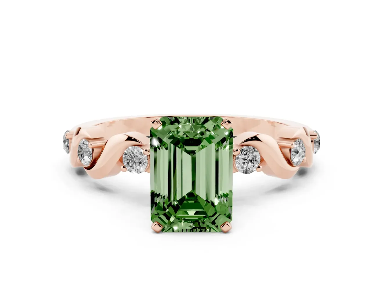 Emerald Cut Ribbon Twist Engagement Ring Setting for a Fancy Green Lab-Grown Diamond | Accented Shoulders | Rose Gold