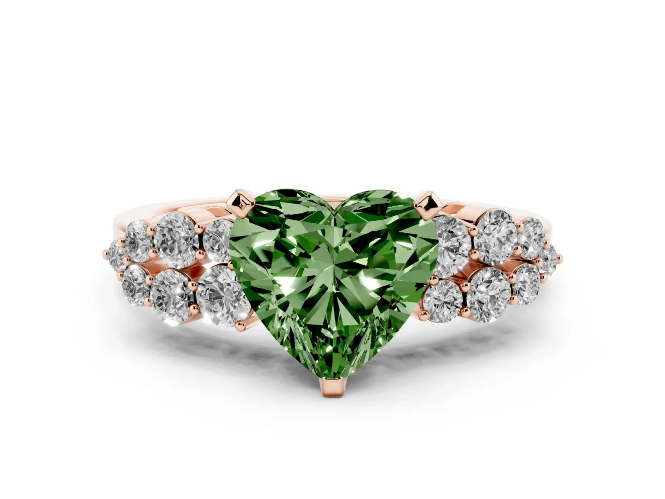 Heart-Shaped Side Stone Engagement Ring Setting for a Fancy Green Lab-Grown Diamond | Shoulder Clusters | Rose Gold