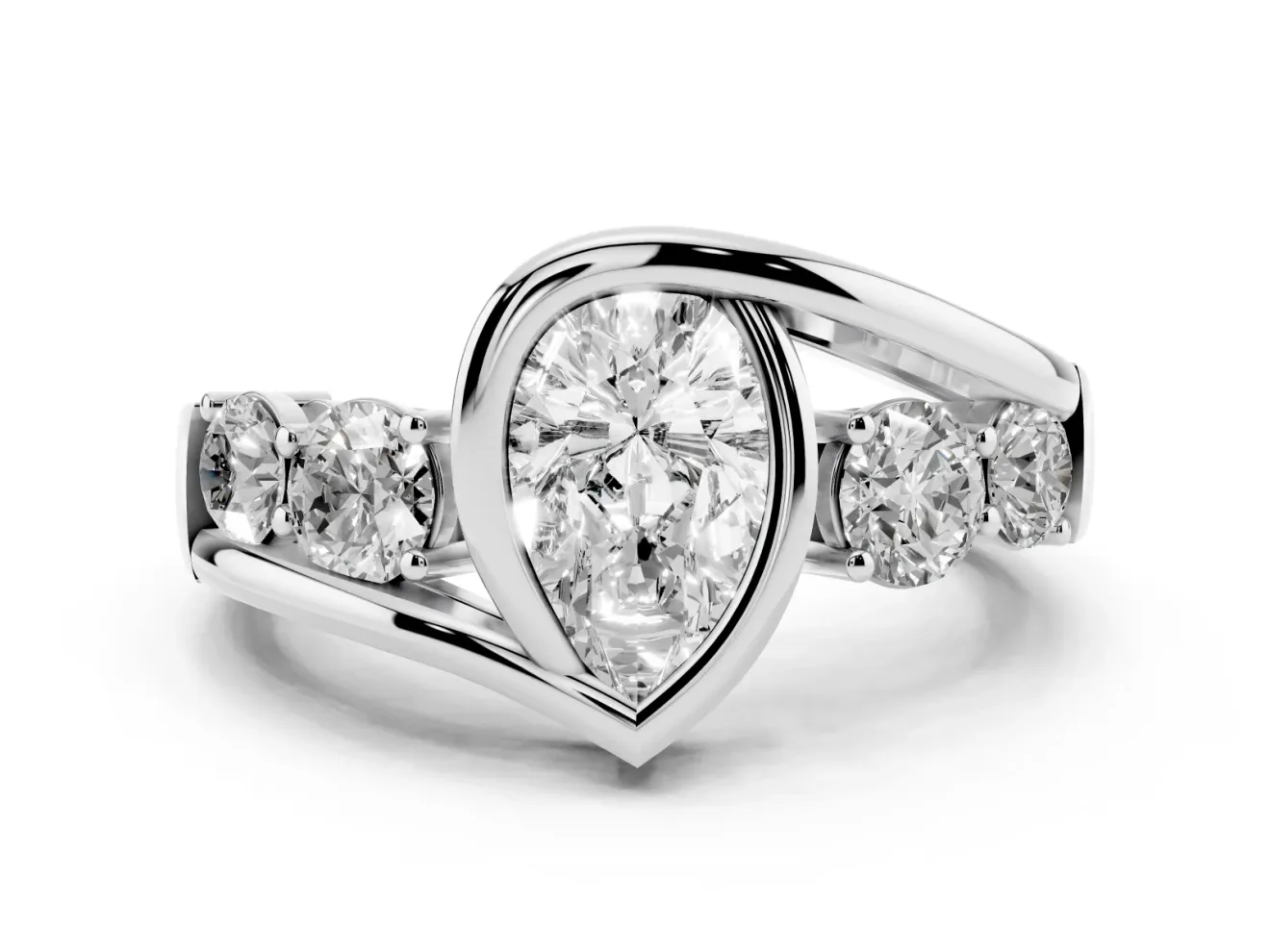 Pear Cut Diamond Bezel Bypass Ring Set in Silver with Round Accents