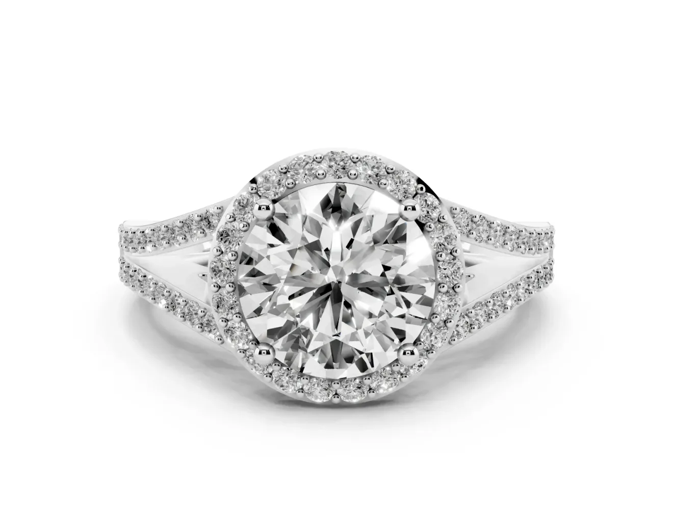 Round Halo Engagement Ring Setting | Pave Split Shank | White Gold
