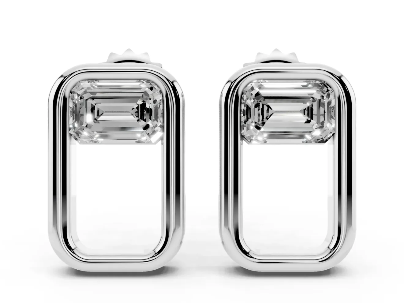 Emerald Cut Lab-Grown Diamond East-West Open Frame Stud Earrings | Polished Frame | Platinum