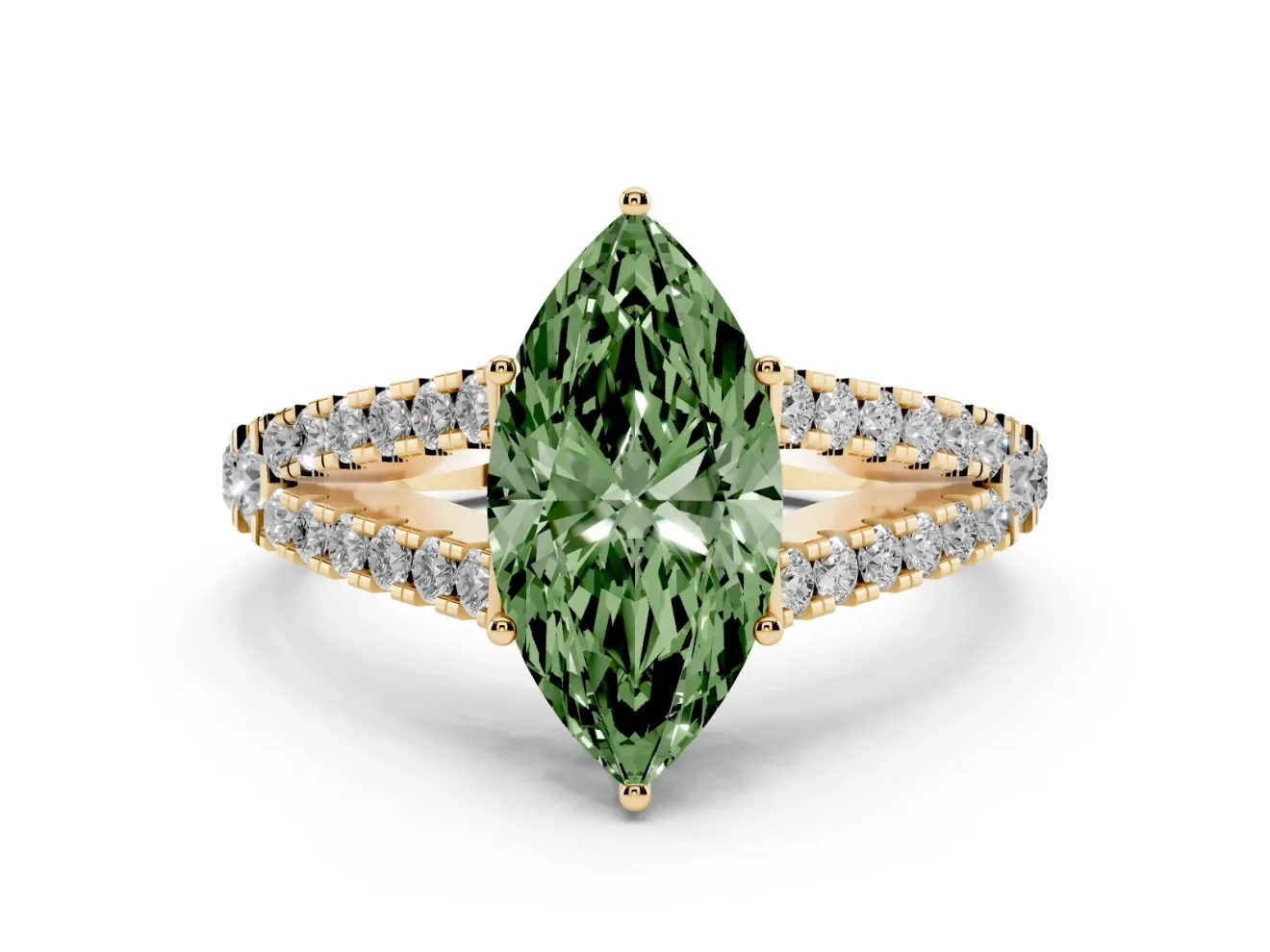 Marquise Graduated Split Shank Engagement Ring Setting for a Fancy Green Lab-Grown Diamond | Yellow Gold
