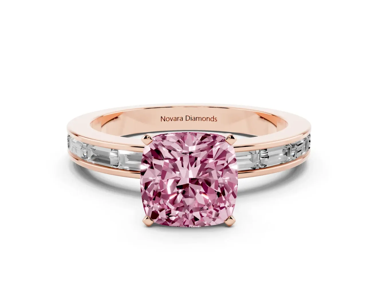 Fancy Pink Cushion Cut Diamond Solitaire Ring Set in Rose gold with Channel-Set Baguette Band and Prong Setting