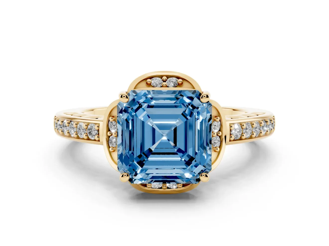 Asscher Cut Floral Pavé Engagement Ring Setting for a Fancy Blue Lab-Grown Diamond | Yellow Gold