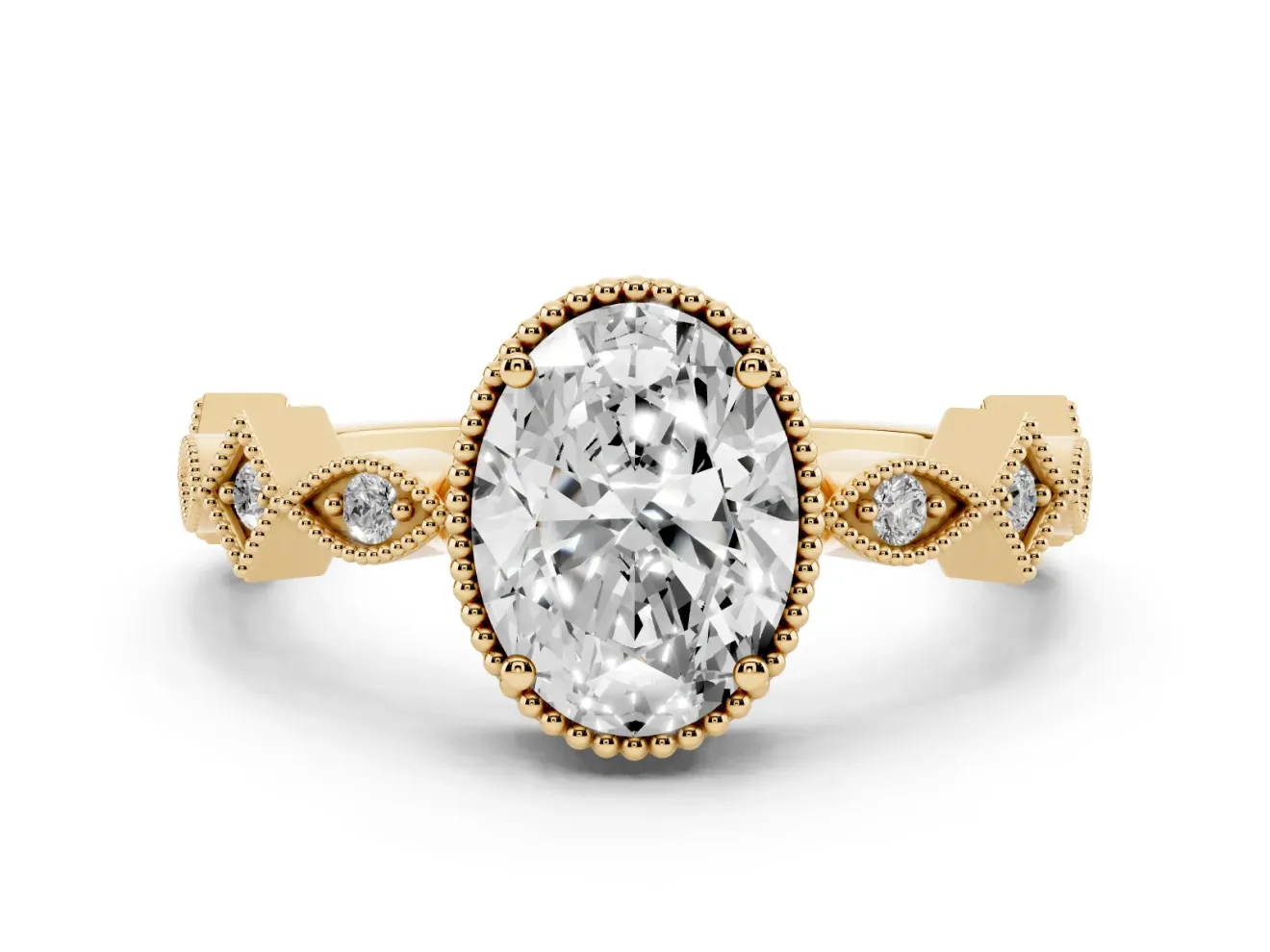 Oval Milgrain Bezel Engagement Ring Setting | Geometric Station Band | Yellow Gold