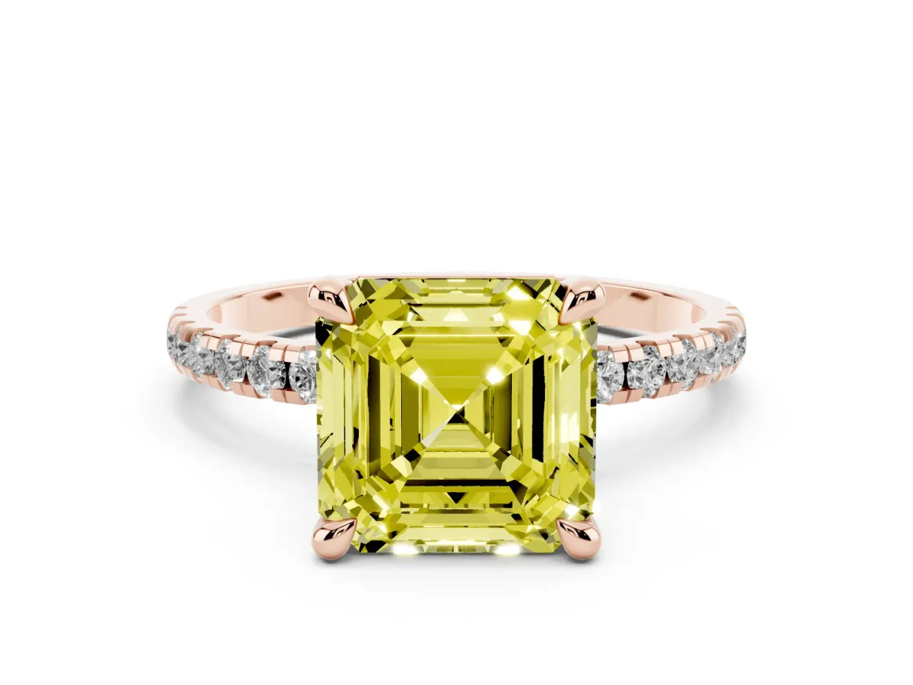 Fancy Yellow Asscher Cut Diamond Brilliant Solitaire Ring Set in Rose gold with Pavé Band and Prong Setting