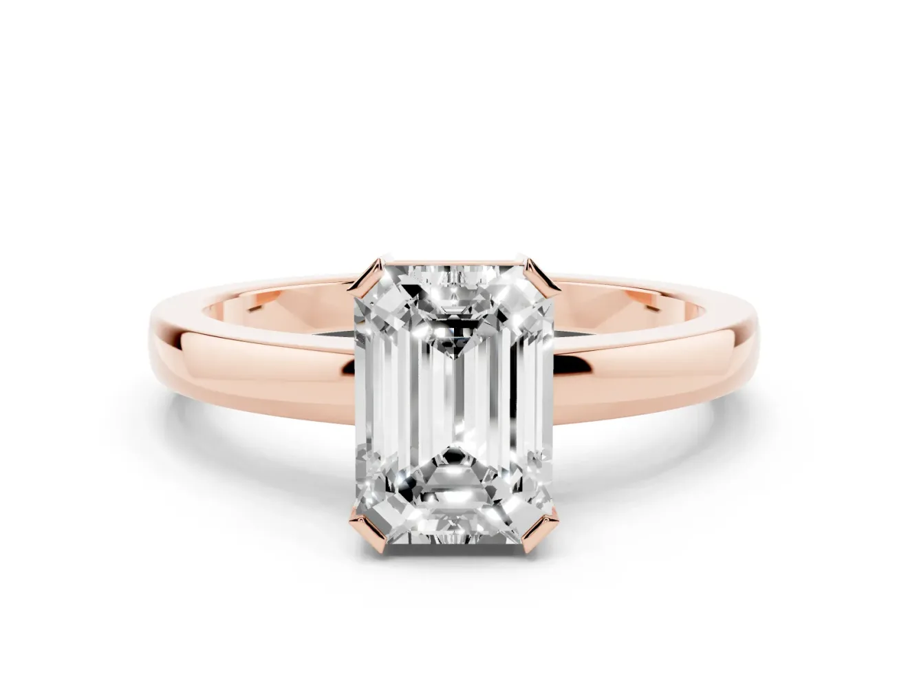 Emerald Cut Diamond Solitaire Ring Set in Rose gold with Prong Head and Smooth Polished Band