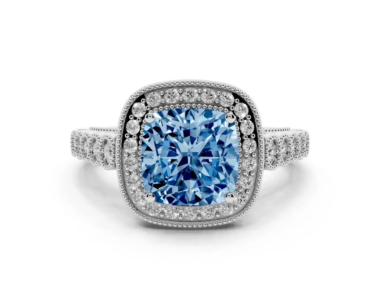 Cushion Cut Graduated Milgrain Halo Engagement Ring Setting for a Fancy Blue Lab-Grown Diamond | White Gold