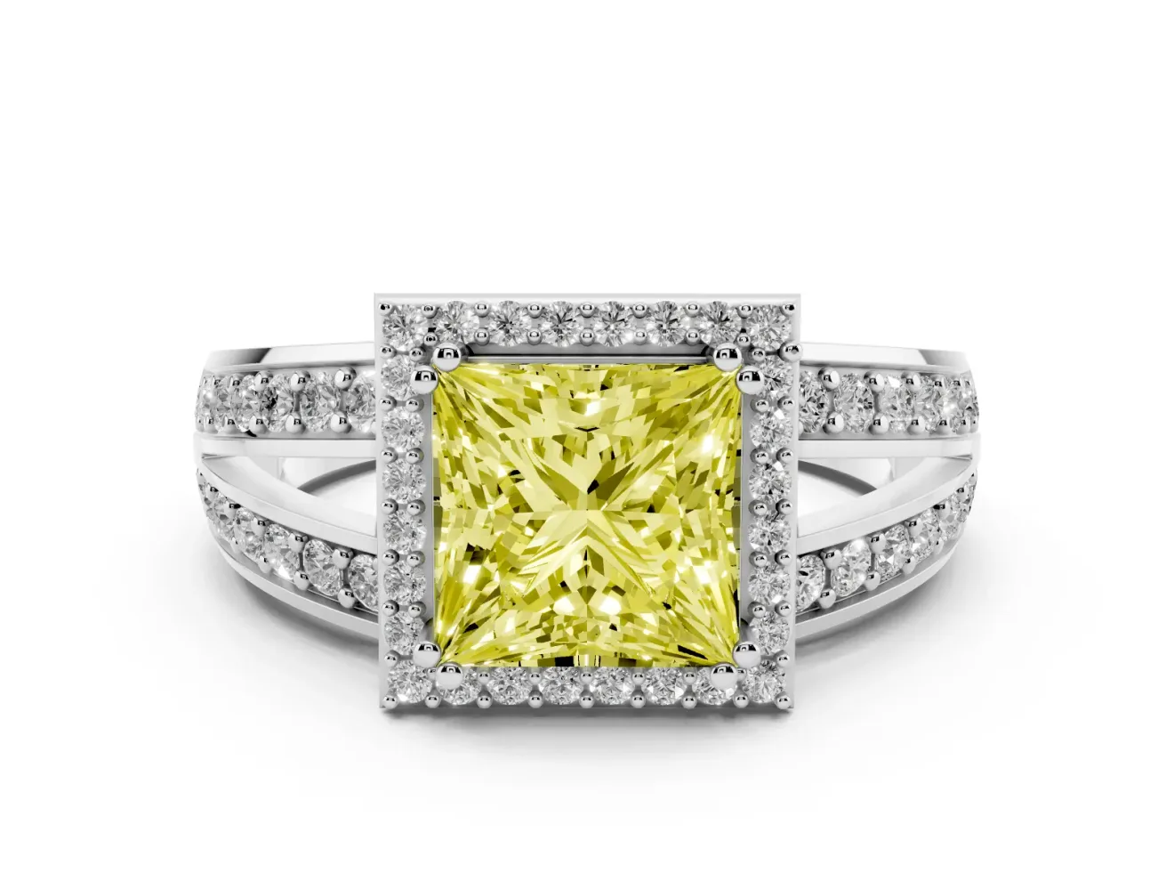 Princess Cut Halo Engagement Ring Setting for a Fancy Yellow Lab-Grown Diamond | Two-Row Pave Split Shank | White Gold